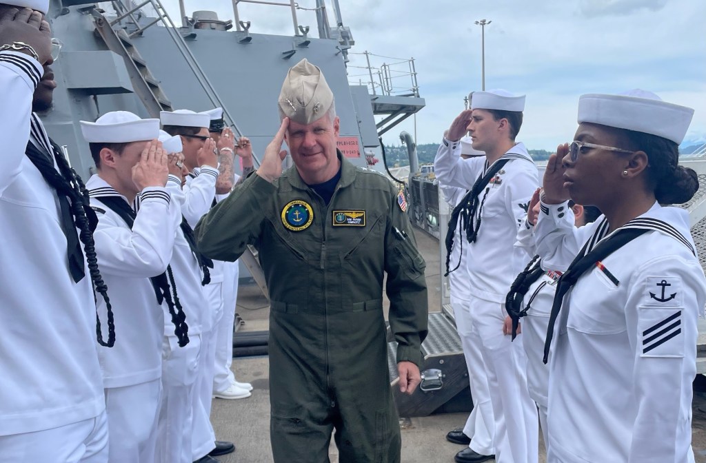 Adm. Samuel Paparo, Commander, U.S. Pacific Fleet, is piped aboard the Arleigh Burke-class guided-missile destroyer USS McCampbell (DDG 85) during a scheduled visit to the ship. During the visit, Paparo met with the crew and addressed questions about operations in the Pacific Fleet. McCampbell is currently pierside in its homeport of Everett, Washington. (U.S. Navy photo by Ensign Claire Ruotolo)