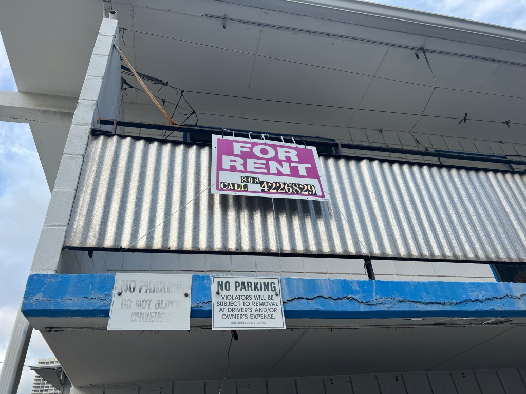 "For Rent" sign at the Kapiolani Village Apartments in Honolulu.