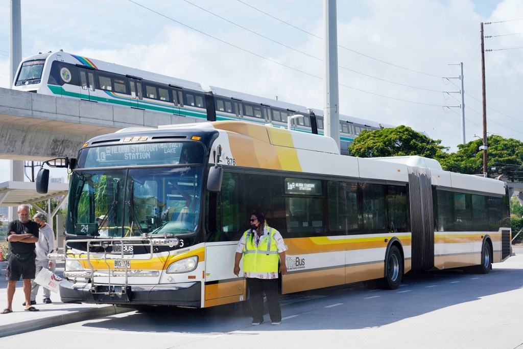 Skyline train rail commuter TheBus bus commuters Halawa Aloha Stadium Station transportation