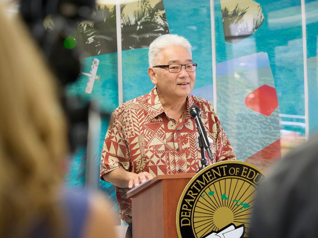 Randy Tanaka, the DOE Assistant Superintendent for the Office of Facilities and Operations, addresses a press conference to update the status of the school bus system in the state.