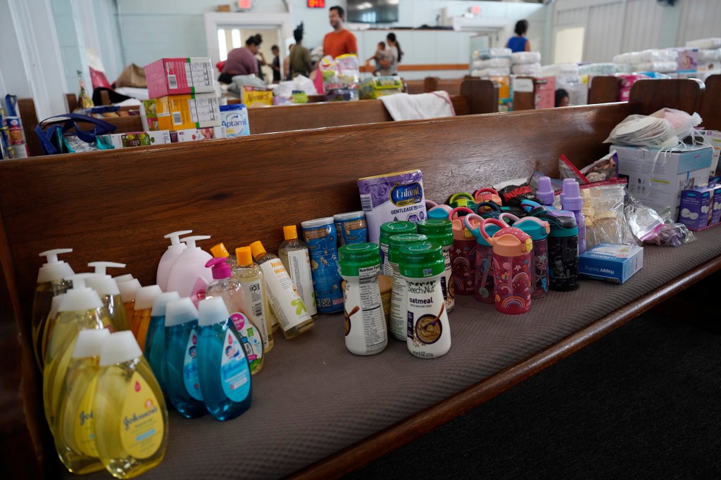 Donated items, shower and laundry have been set up at Kahului Baptist Church on Thursday, Aug. 10, 2023, in Kahului. They are located at 309 S. Puunene Avenue in Kahului. (Kevin Fujii/Civil Beat/2023)