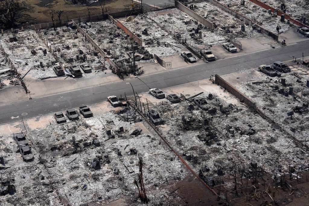 Aerial view of the destruction of Lahania town is seen Thursday, Aug. 10, 2023, in Maui. (Kevin Fujii/Civil Beat/2023)