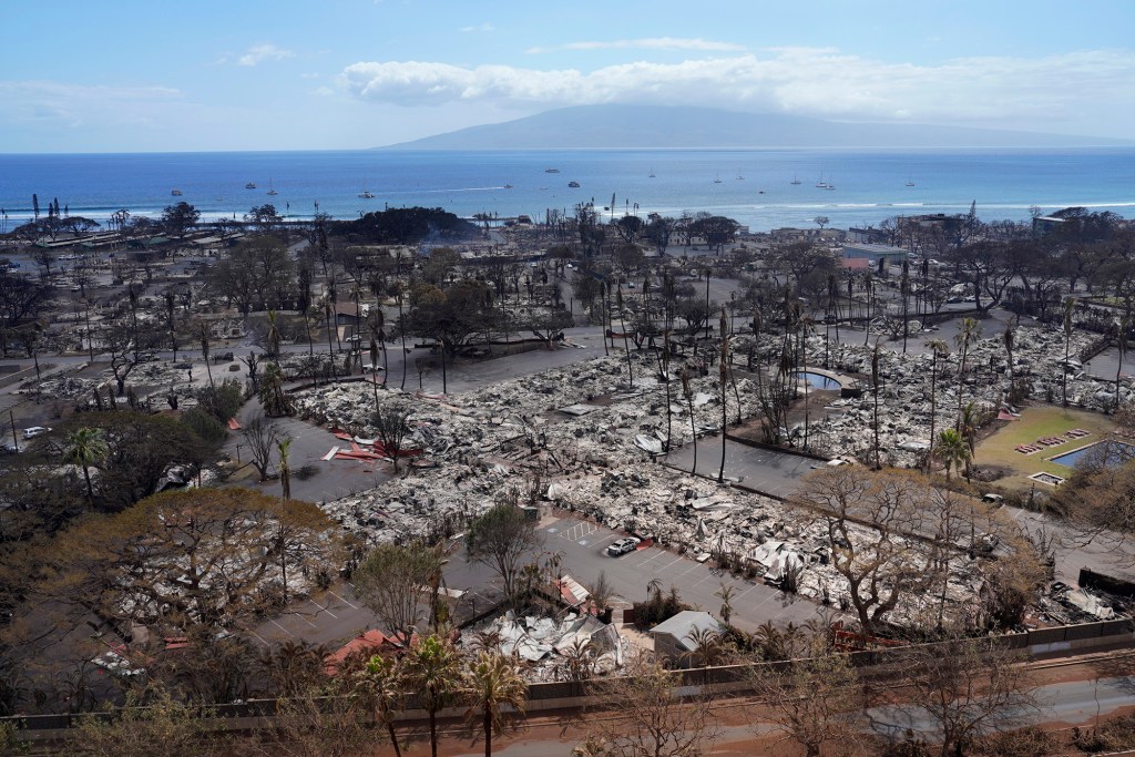 The complete destruction of the Aina Nalu Lahania by Outrigger hotel is photographed Thursday, Aug. 10, 2023, in Lahaina. (Kevin Fujii/Civil Beat/2023)