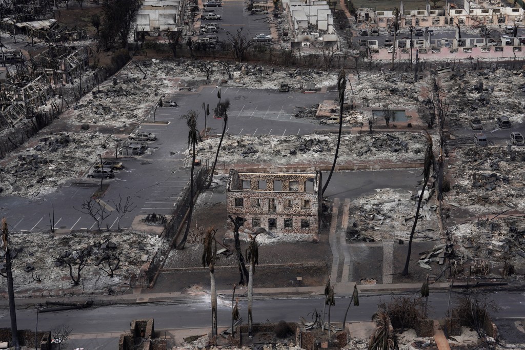 A shell of a building is all that remains after a wildfire destroyed the historic town of Lahania Thursday, Aug. 10, 2023, on Maui. (Kevin Fujii/Civil Beat/2023)