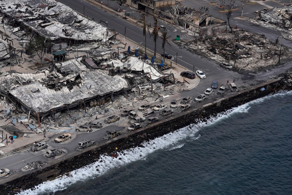 Buildings and vehicles on Front Street in Lahania are photographed Thursday, Aug. 10, 2023, in Maui. (Kevin Fujii/Civil Beat/2023)