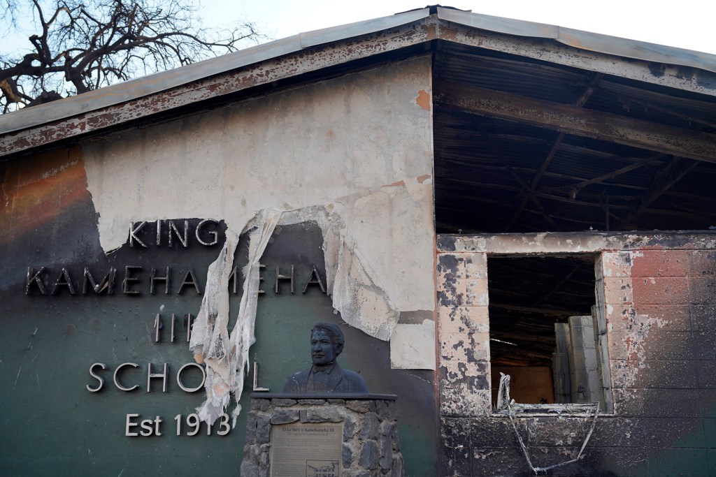 The King Kamahameha III School building is photographed Thursday, Aug. 10, 2023, in Lahaina. (Kevin Fujii/Civil Beat/2023)