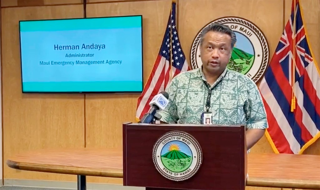 Herman Andaya, administrator Maui Emergency Management Agency, is seen in a screenshot from a County of Maui Facebook video. (Maui County/Facebook)