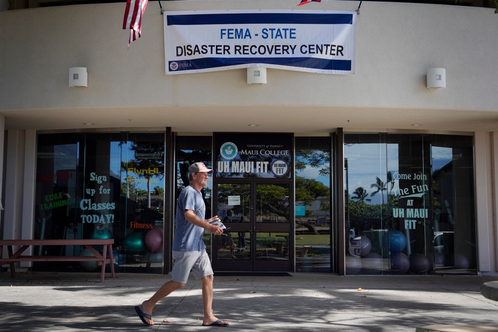 FEMA and Hawaii Department of Labor Workforce Development help those affected by wildfires on Maui Thursday, Aug. 17, 2023, at the University of Hawaii Maui College in Kahului. A wildfire destroyed the historic town of Lahaina last week. (Kevin Fujii/Civil Beat/2023)