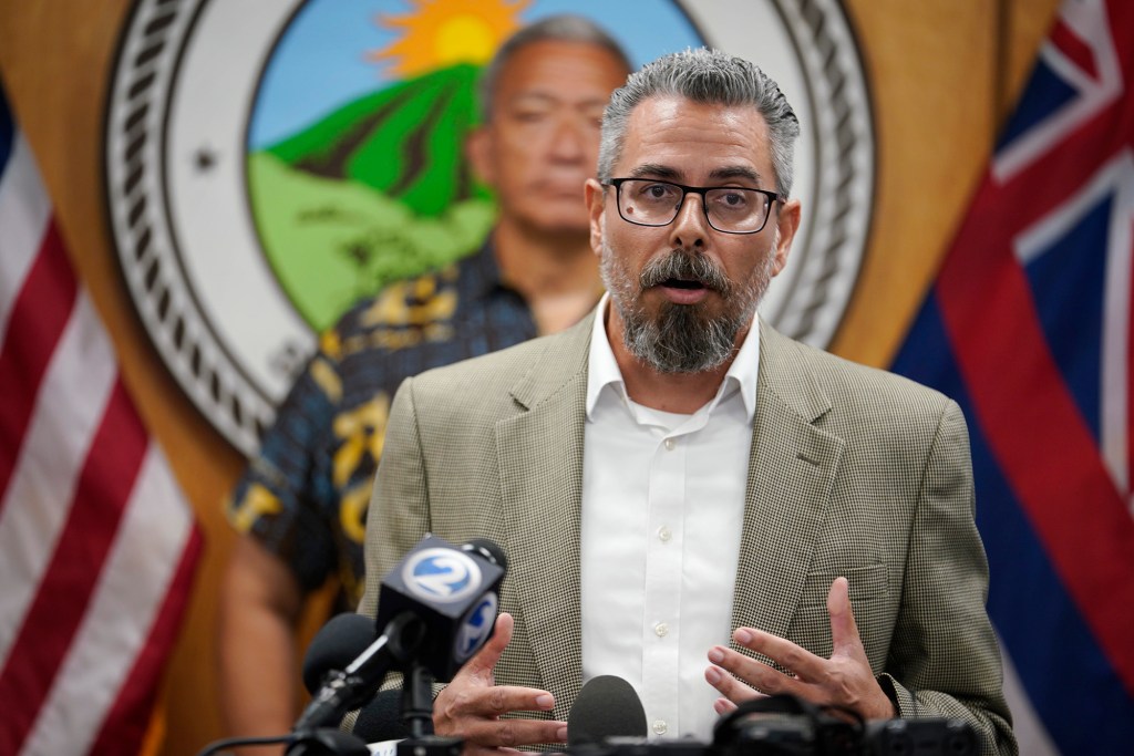 Maui Prosecuting Attorney Andrew Martin who is in charge of the Family Assistance Center speaks at a press conference Tuesday, Aug. 22, 2023, in Wailuku. The gathering was to share information on those missing and the process to identify remains found in the Aug. 8 Lahaina wildfire. (Kevin Fujii/Civil Beat/2023)