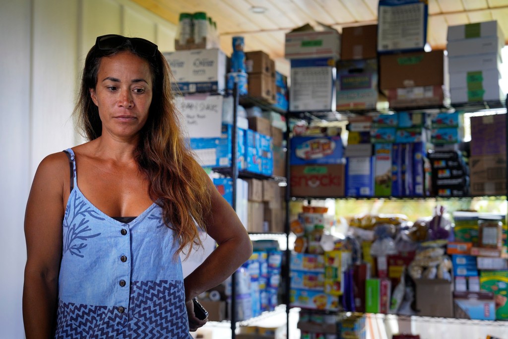 Tiare Lawrence talks with Honolulu Civil Beat Friday, Aug. 25, 2023, in Makawao. Lawrence has been elevated to head up a local, grass-roots effort of financial and community support. (Kevin Fujii/Civil Beat/2023)