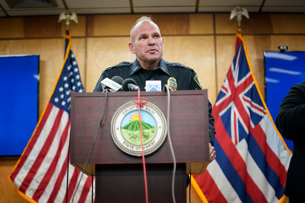 Maui Police Chief John Pelletier speaks during a press conference Friday, Aug. 25, 2023, in Wailuku. The new interim Maui Emergency Management Agency Administrator Darryl Oliveira was announced. (Kevin Fujii/Civil Beat/2023)