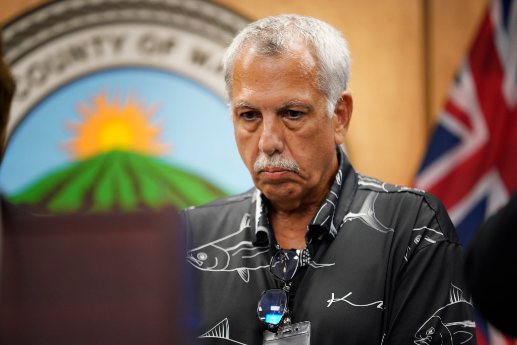 Interim Maui Emergency Management Agency Administrator Darryl Oliveira listens to a reporter’s question during a Maui County press conference Friday, Aug. 25, 2023, in Wailuku. Oliveira was named to the interim position today. (Kevin Fujii/Civil Beat/2023)
