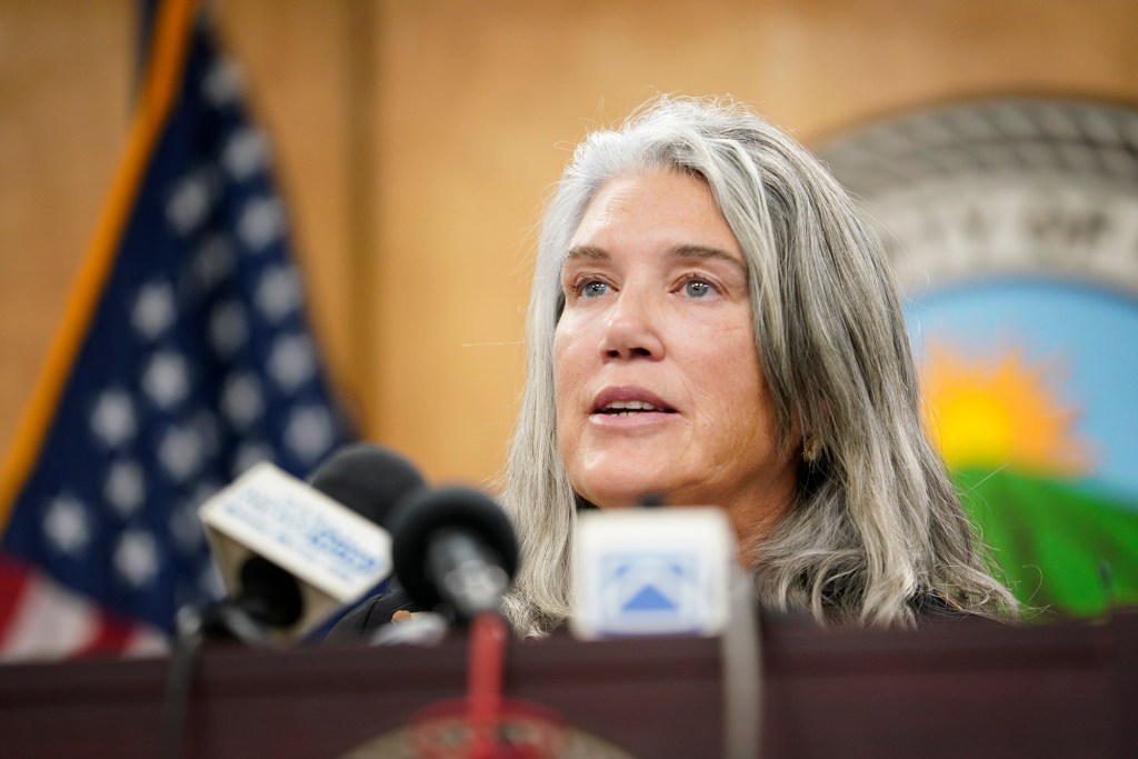 Maui County corporation counsel Victoria Takayesu addresses the lawsuit against HECO during a press conference Friday, Aug. 25, 2023, in Wailuku. (Kevin Fujii/Civil Beat/2023)