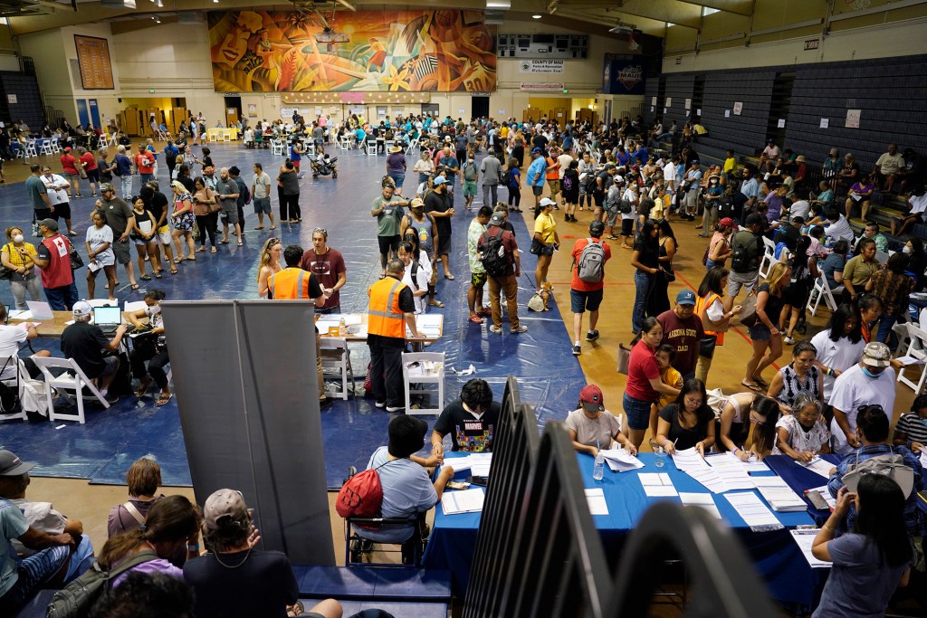 A federal resources fair takes place Saturday, Aug. 26, 2023, in Lahaina. Rep. Jill Tokuda and Senator Mazie Hirono hosted the event. It was designed to help fire victims obtain federal assistance for important paperwork lost in the Aug. 8 fire. (Kevin Fujii/Civil Beat/2023)