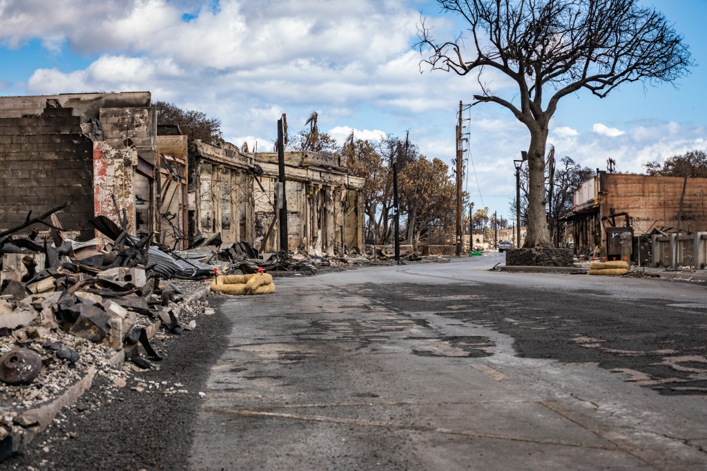Damaged buildings and structures of Lahaina Town destroyed in the Maui wildfires in Lahaina, Maui, Aug. 15, 2023. Members of Combined Joint Task Force-50 from the Hawaii Army and Air National Guard, U.S. Army Active Duty and Reserve are actively supporting Maui County authorities to provide immediate security, safety, and well-being to those affected by the wildfires to ensure unwavering support for the community of Maui and first responders. (U.S. Army National Guard photo by Staff Sgt. Matthew A. Foster)
