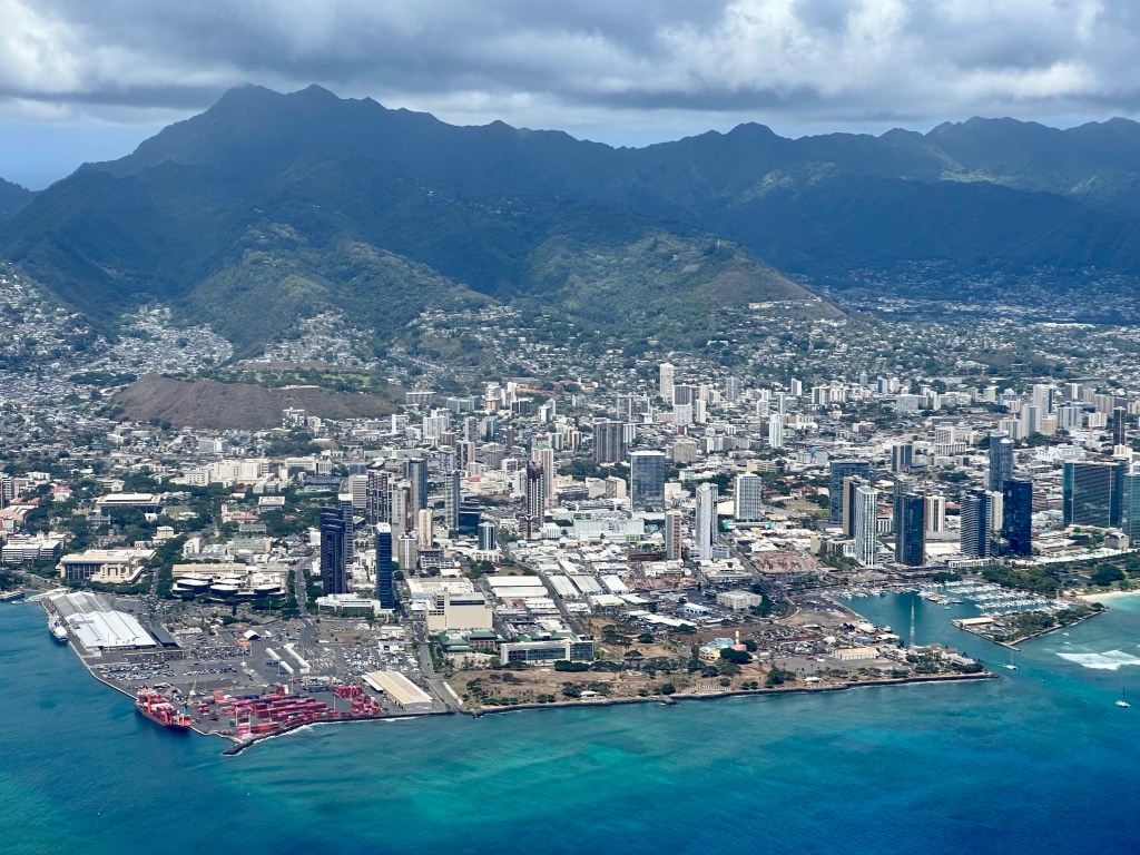 Kakaako Waterfront Park and downtown Honolulu, Aug. 28, 2023. (Nathan Eagle/Civil Beat/2023)