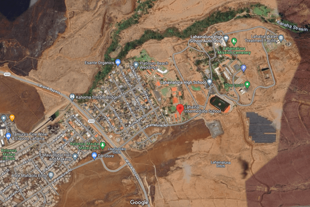 Hawaiian Electric says on the morning of Aug. 8, power lines had fallen to the ground in high winds near the intersection of Lahainaluna Road and Hookahua Street near the intermediate school. (Courtesy: Google Maps/2023)