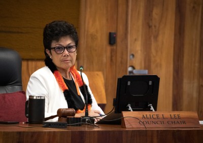 Maui Council Council Chair Alice Lee hears public testimony on the wildfire recovery effort, Tuesday. (Nathan Eagle/Civil Beat/2023)