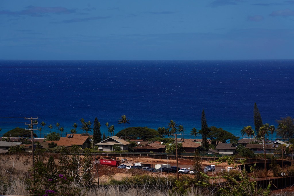 The site of a temporary school for King Kamehameha III Elementary is seen from Kapalua Airport during a Hawaii State Department of Education announcement to reopen schools in West Maui on Tuesday, Sept. 26, 2023, in Lahaina. The Army Corps of Engineers will be building the temporary replacement school while other schools with intact buildings will return after fall break. (Kevin Fujii/Civil Beat/2023)