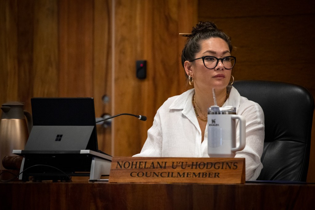 The Government Relations, Ethics and Transparency Committee, chaired by Nohelani U‘u-Hodgins, heard from the public Monday as the county develops a resiliency plan in response to the August wildfires. (Nathan Eagle/Civil Beat/2023)