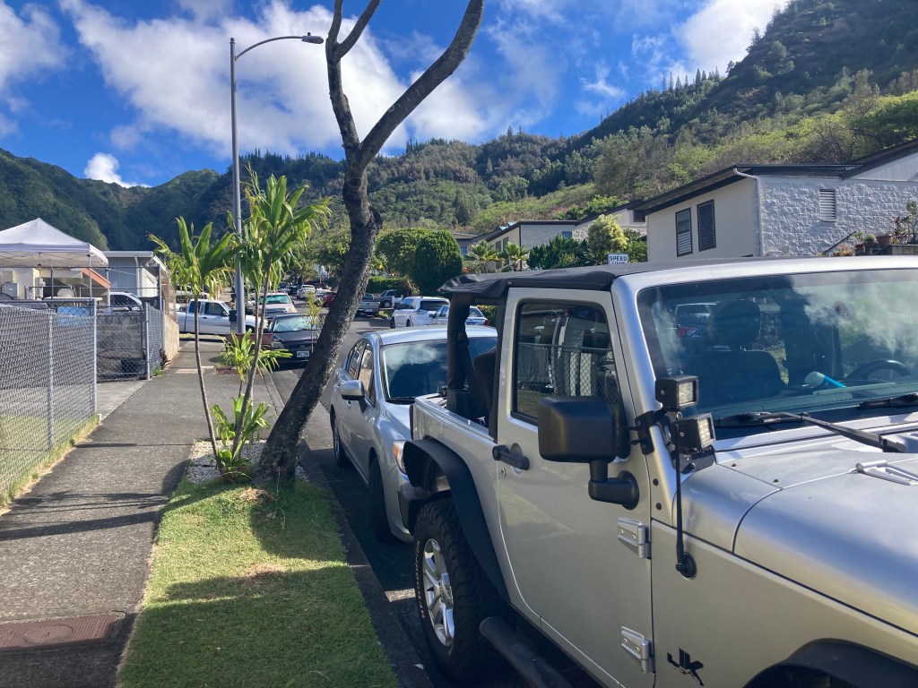 Cars are tightly packed along street parking leading up to a neighborhood hiking trail