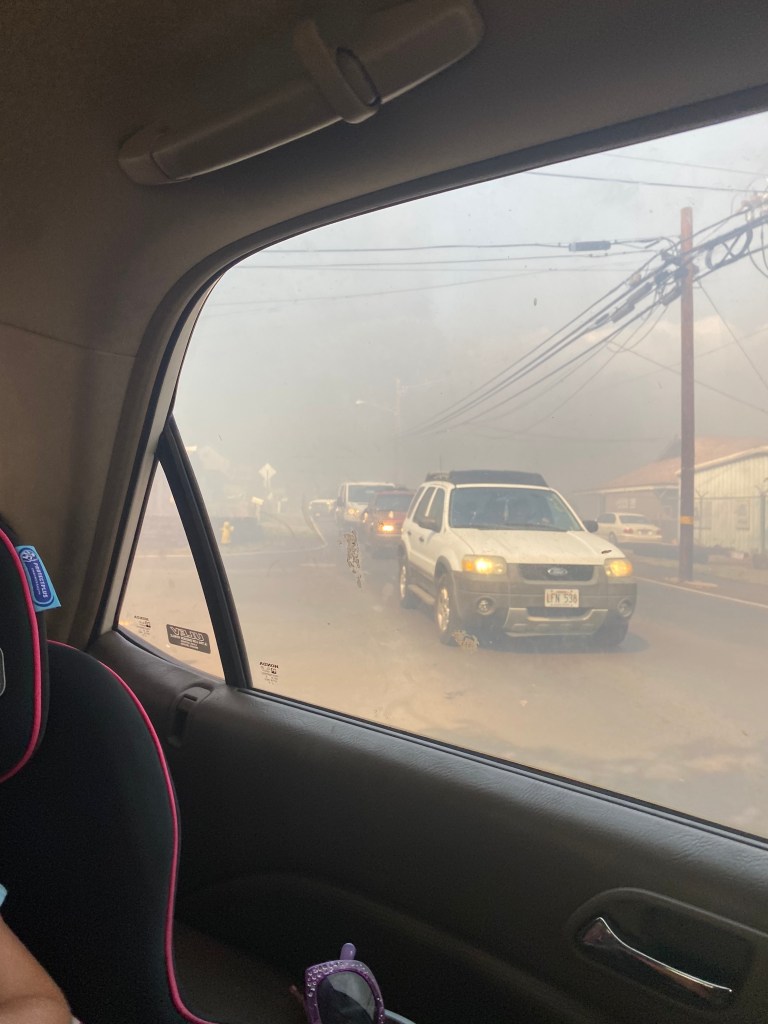 "3:48pm this is us turning onto Lahainaluna Road while evacuating. Heading down the hill toward Front Street."