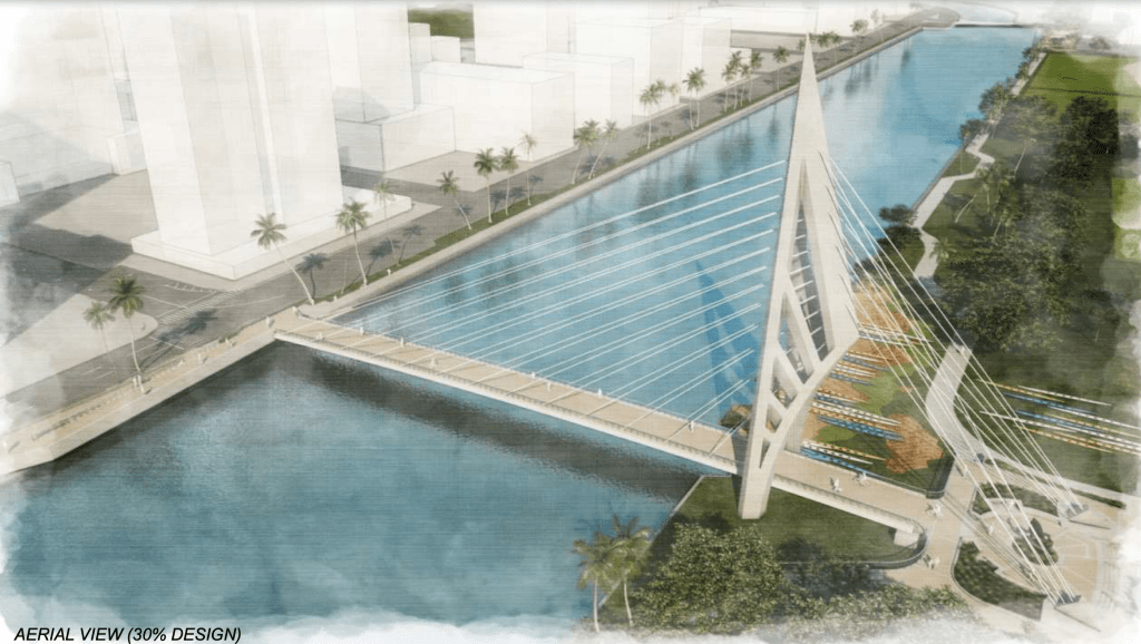 Architectural rendering of a pedestrian bridge over the Ala wai canal