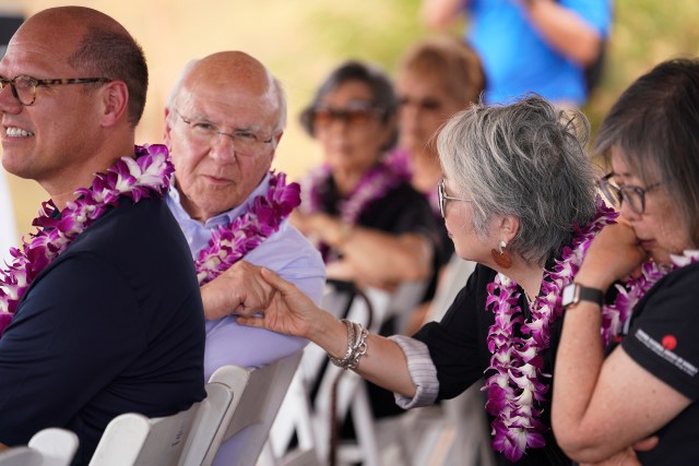 Honolulu Mayor Rick Blangiardi, from left, shakes hands with past president of the Japanese Culture Center Hawaii Carole Hayashino during a plaque dedication and blessing of the Honouliuli National Historic Site takes place Wednesday, Oct. 11, 2023, in Kunia. Japanese-Americans and those of Japanese ancestry were imprisoned here without due process when it was called Honouliuli Internment Camp during World War II. (Kevin Fujii/Civil Beat/2023)