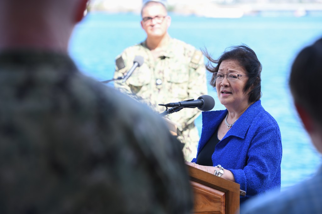 Mazie Hirono, U.S. senator from Hawaii, delivers remarks during a press conference held Oct. 13 hosted by Joint Task Force - Red Hill (JTF-RH). The press conference announced JTF-RH’s intent to defuel the Red Hill Bulk Fuel Storage Facility commencing Oct. 16, 2023, at Joint Base Pearl Harbor-Hickam, Hawaii. (DoD photo by U.S. Air Force Tech. Sgt. John Linzmeier)