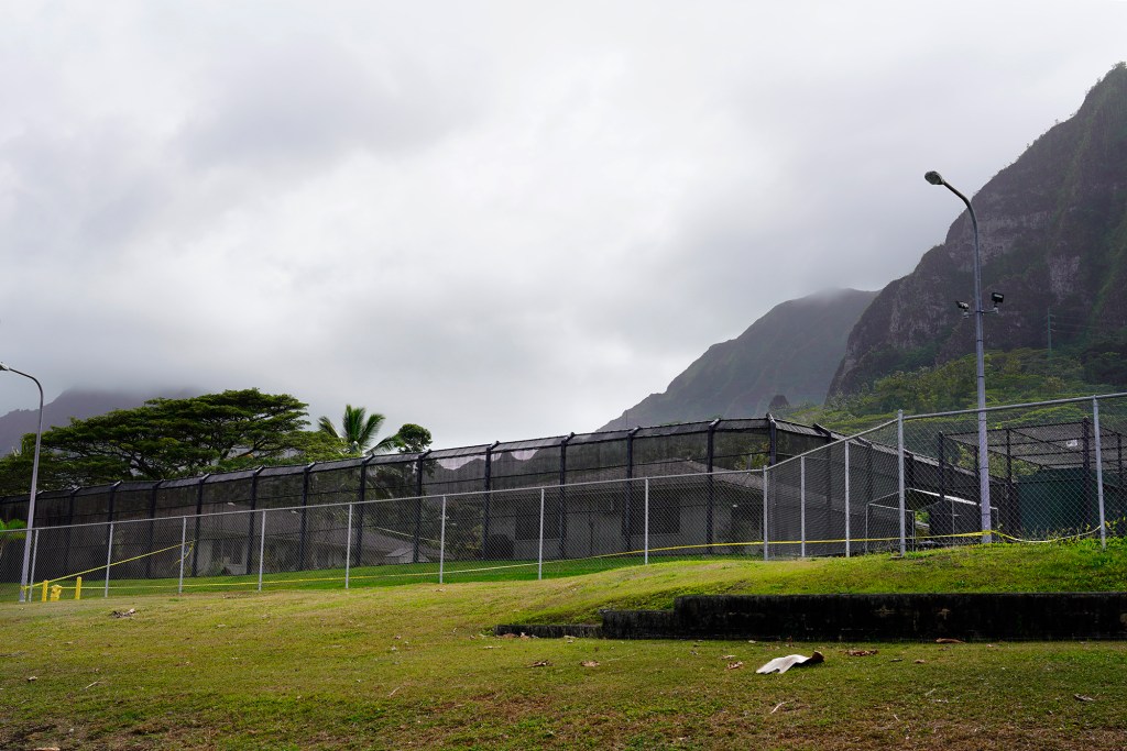 Police Crime Scene tape marks an area at the Hawaii State Hospital Tuesday, Nov. 14, 2023, in Honolulu. A 29-year-old male was killed by multiple stab wounds at the hospital Monday. (Kevin Fujii/Civil Beat/2023)