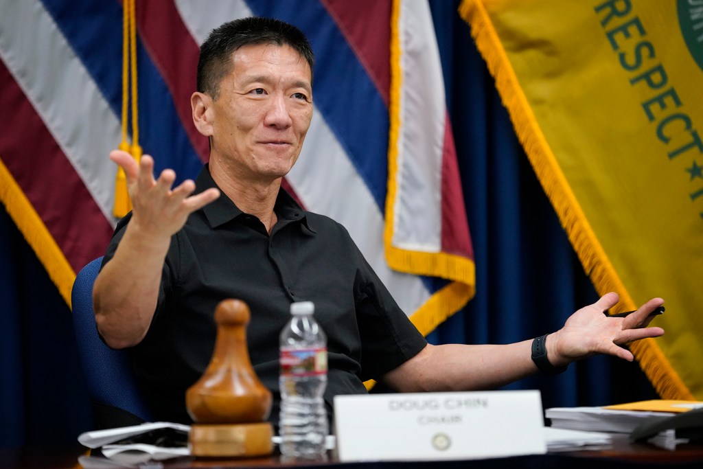 Honolulu Police Commission chair Doug Chin makes a point after a presentation to recruit more women into the police force Wednesday, 15, 2023, in Honolulu. (Kevin Fujii/Civil Beat/2023)