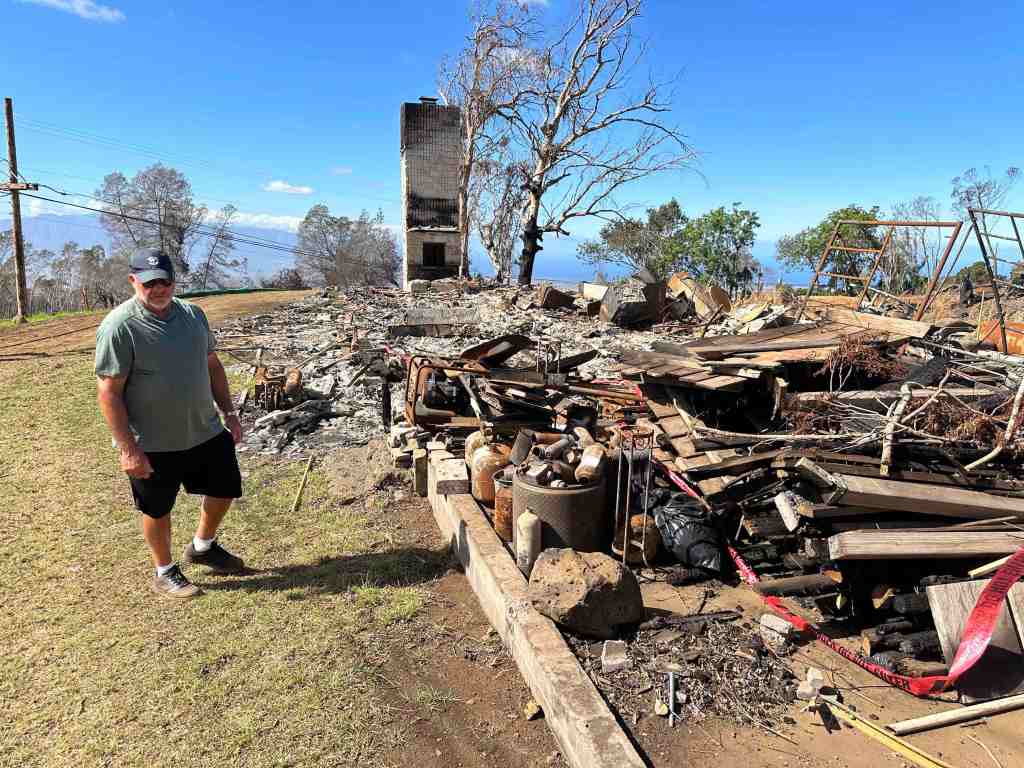 Upper Kula resident Mark Ross visited his fire-ravaged property on Kualono Place Saturday, Nov. 4, 2023, while waiting to learn when the U.S. Army Corps of Engineers will begin debris removal. (Christie Wilson/Civil Beat/2023)