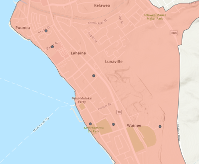Six child care centers in Lahaina, marked on the map with black dots, have closed since the Aug. 8 fires.