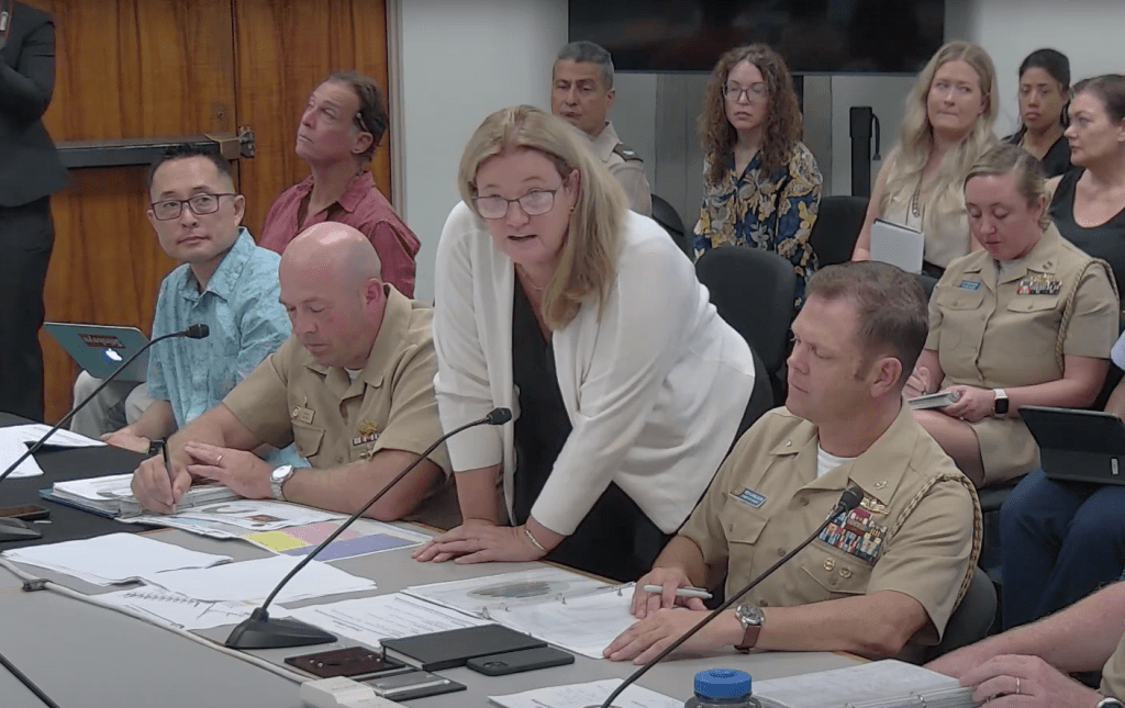 Sherri Eng, Navy Region Hawaii’s environmental director, speaks at a legislative hearing on Red Hill on Nov. 2, 2023. (Hawaii Legislature/2023)