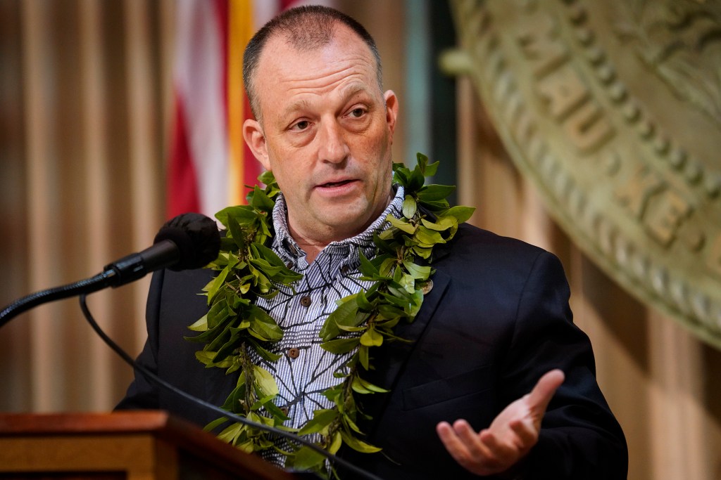 Gov. Josh Green updates the status of the Maui recovery Friday, Dec. 15, 2023, in Honolulu. (Kevin Fujii/Civil Beat/2023)