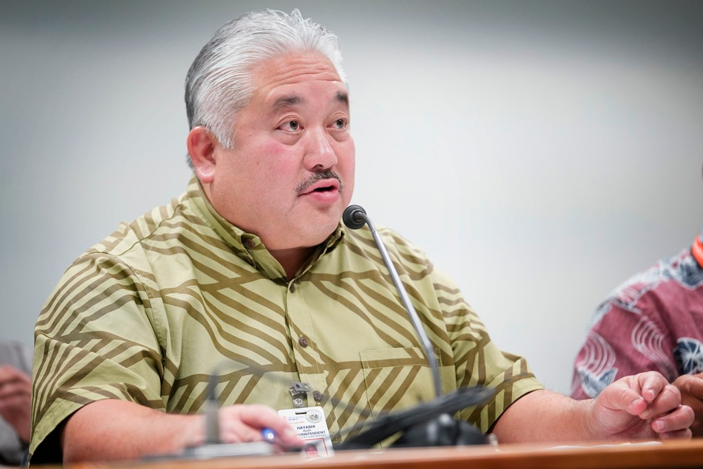 Department of Education Superintendent Keith Hayashi testifies to the Senate Ways and Means Committee Wednesday, Dec. 20, 2023,  in Honolulu. (Kevin Fujii/Civil Beat/2023)