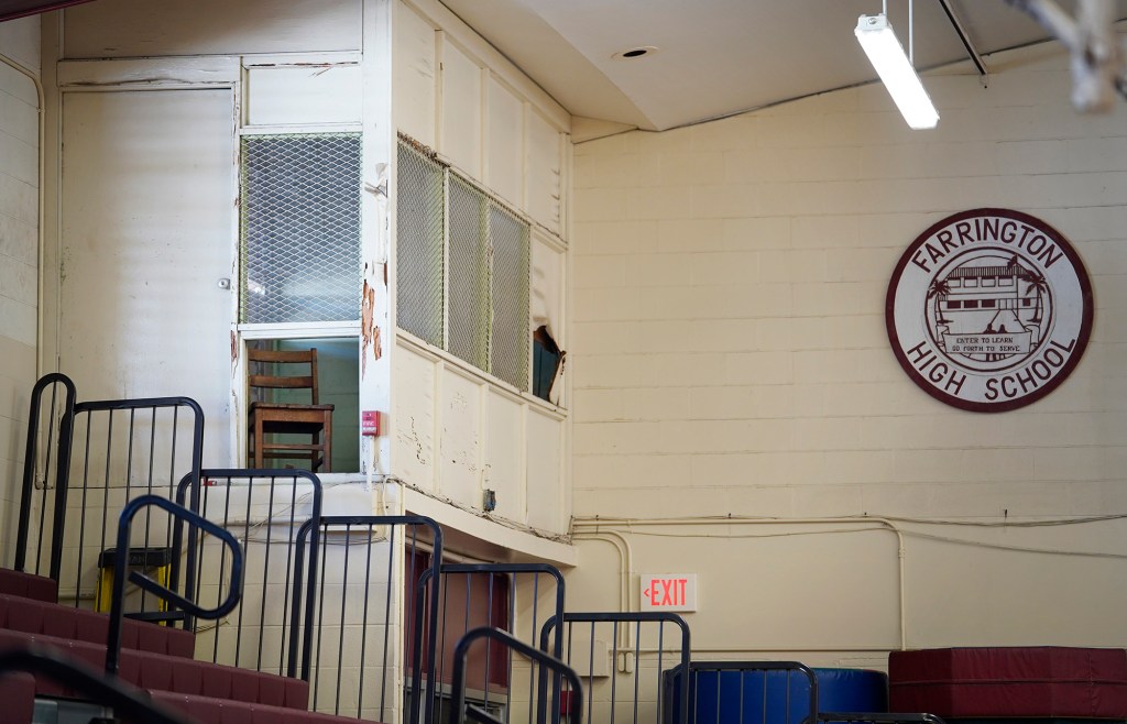 A broken panel at Farrington High School’s Kitamura Gym is photographed Friday, Dec. 29, 2023, in Honolulu. Lack of CIP funding for repairs and renovations have created a safety hazard for students, faculty, staff and visitors. (Kevin Fujii/Civil Beat/2023)