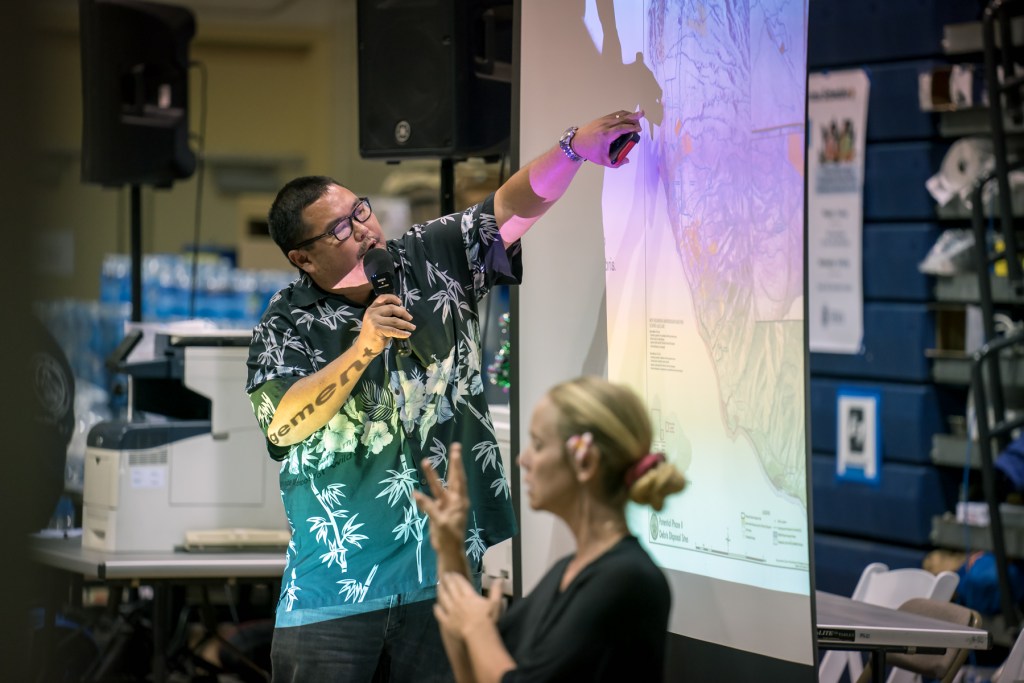 Maui residents continued to question whether it was safe to bury tons of debris from the Lahaina and Upcountry fires in the Olowalu landfill. County officials held community meetings to go over plans to keep the waste from leaking out. (Nathan Eagle/Civil Beat/2023)