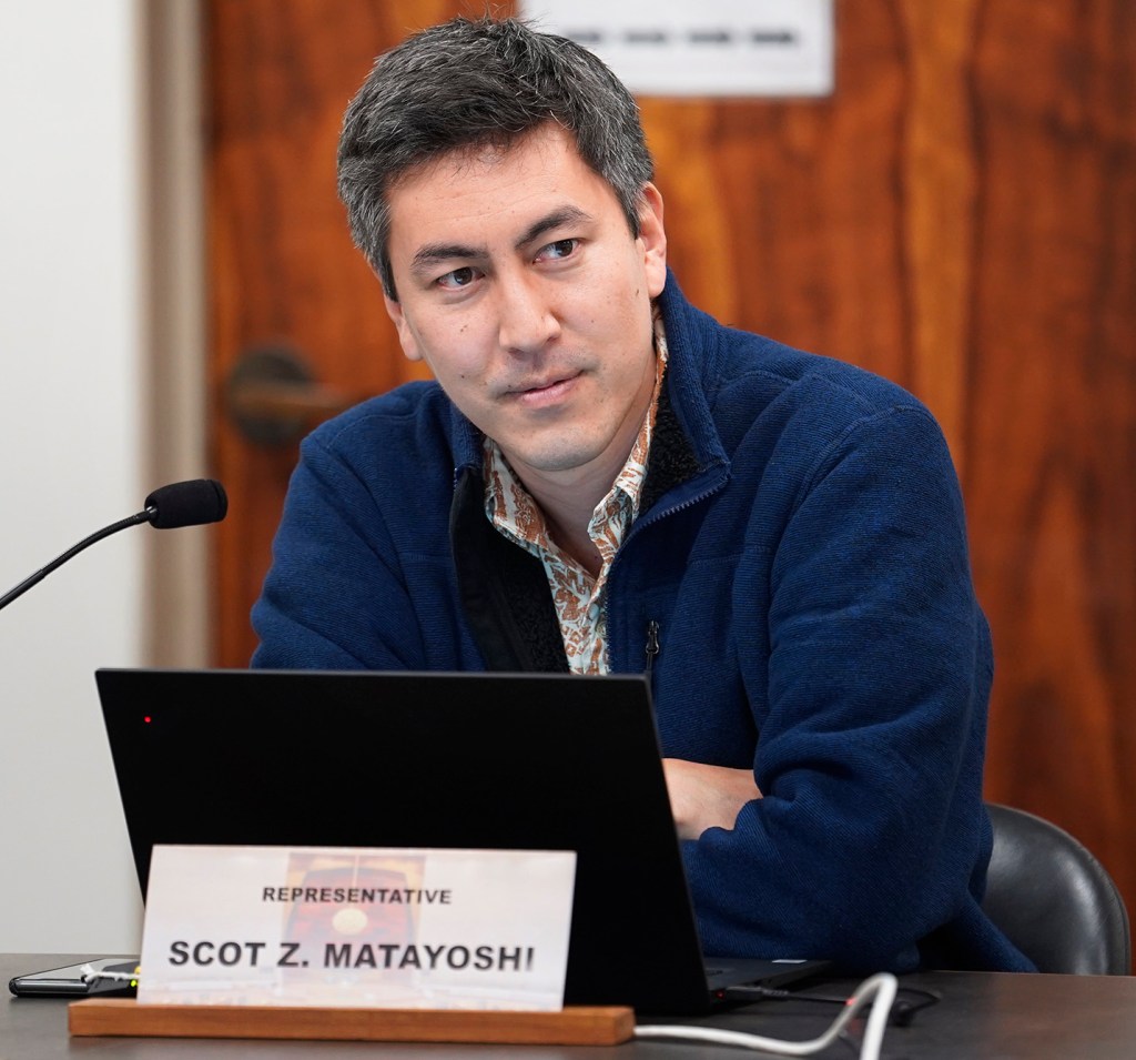 The House of Representatives education committee Rep. Scot Matayoshi listens to the Department of Education answer a question Tuesday, Jan. 16, 2024, in Honolulu. (Kevin Fujii/Civil Beat/2024)