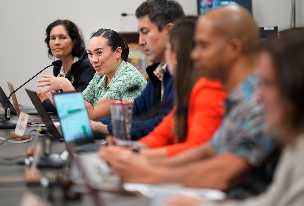 House of Representatives education committee Rep. Jeanne Kapela asks the Department of Education a question Tuesday, Jan. 16, 2024, in Honolulu. (Kevin Fujii/Civil Beat/2024)