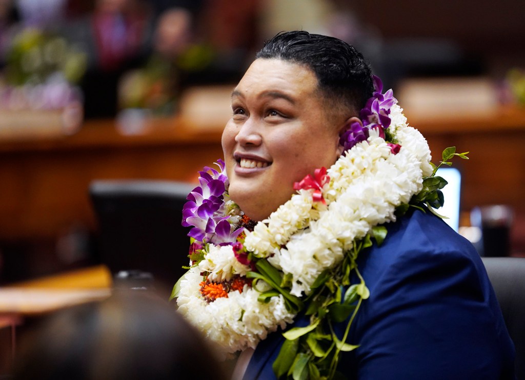 The House of Representatives Darius Kila smiles toward the gallery before opening the legislative session Wednesday, Jan. 17, 2024, in Honolulu. (Kevin Fujii/Civil Beat/2024)