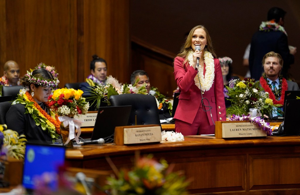 The House of Representatives minority leader Lauren Matsumoto speaks on behalf of her Republican colleagues during opening day of the legislative session Wednesday, Jan. 17, 2024, in Honolulu. (Kevin Fujii/Civil Beat/2024)