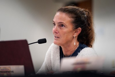 House of Representatives education committee member Amy Perruso questions Hawaii Realtors director of advocacy Lyndsey Garcia about their opposition to HB 1537 on Tuesday, Jan. 30, 2024, in Honolulu. HB 1537 proposes amendments to articles VII and X of the Constitution to authorize legislation to establish a tax of residential investment property to increase funding for public education. (Kevin Fujii/Civil Beat/2024)