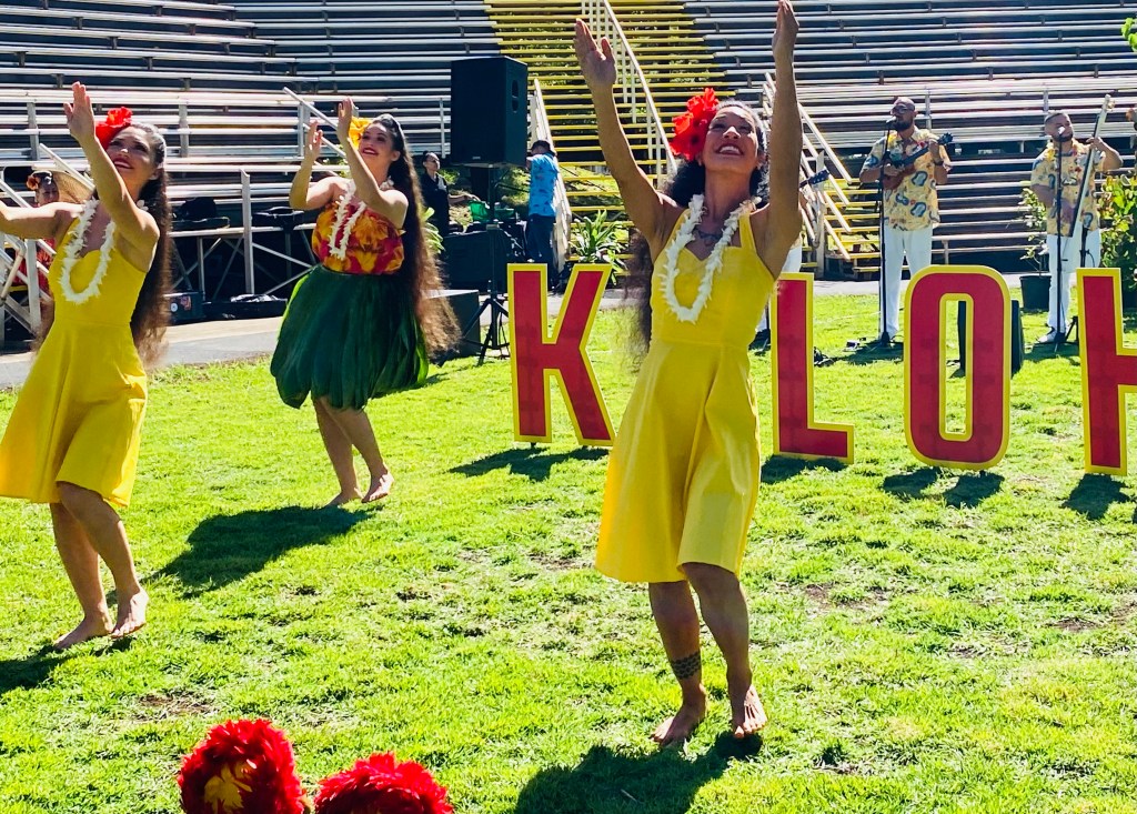Dancers give a sample of what will be offered in the free Hawaiian show at the Waikiki Shell. (Denby Fawcett/Civil Beat/2024)