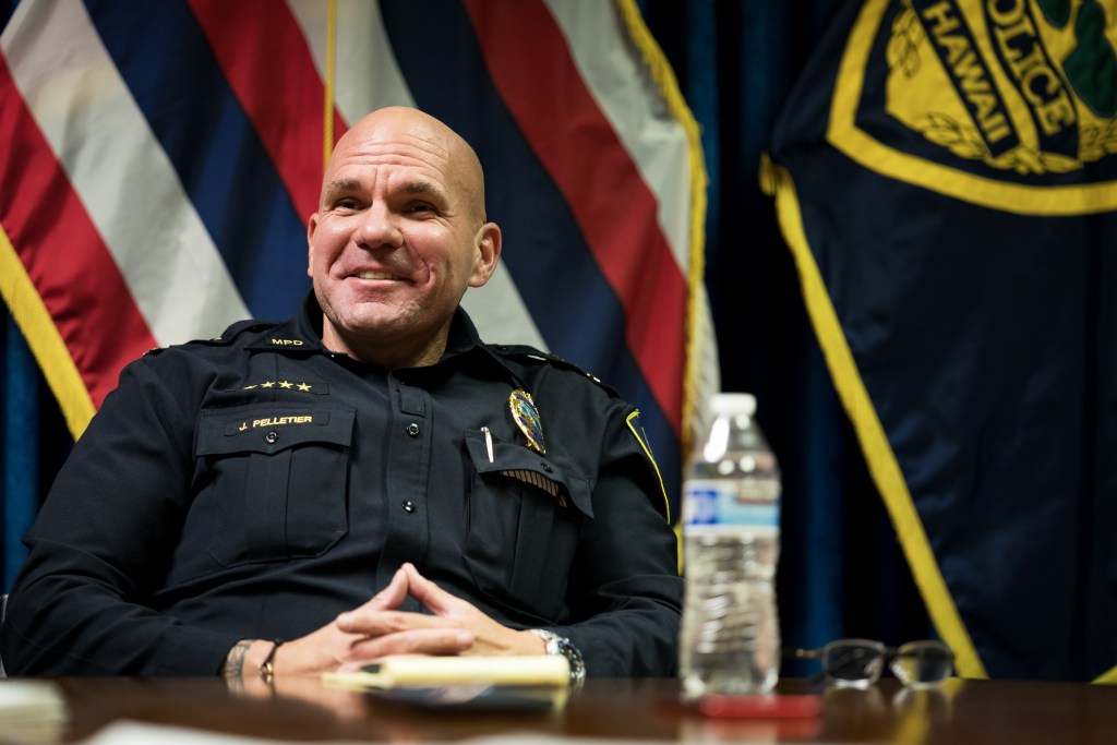 Maui Police Chief John Pelletier sat down with the Civil Beat Editorial Board on Thursday, Jan. 11, 2024, at his office in Wailuku. (Nathan Eagle/Civil Beat/2024)