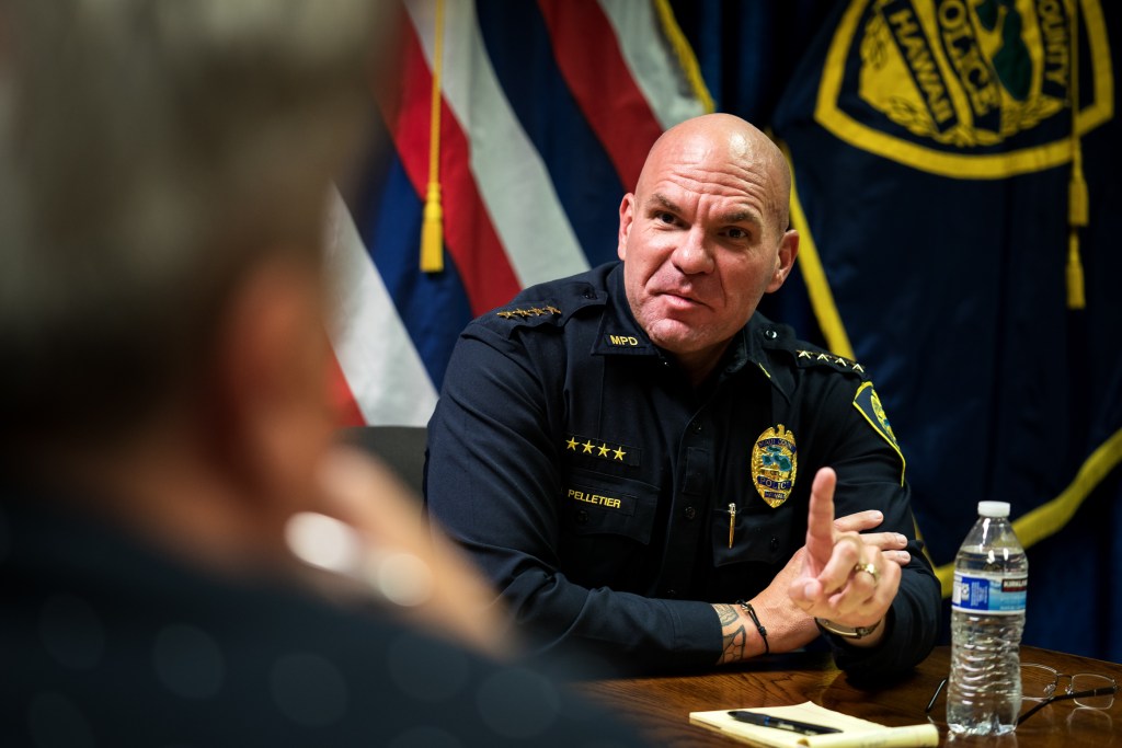Maui Police Chief John Pelletier sat down with the Civil Beat Editorial Board on Thursday, Jan. 11, 2024, at his office in Wailuku. (Nathan Eagle/Civil Beat/2024)