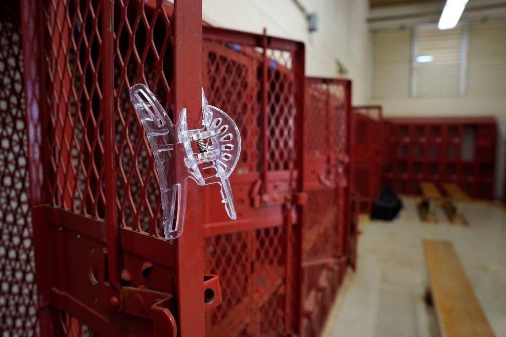 Radford High School girls locker room contains the same number of lockers as the boys locker room, but the space is smaller photographed Monday, Feb. 12, 2024, in Honolulu. Title IX requirements create equal amenities for all athletes. (Kevin Fujii/Civil Beat/2024)