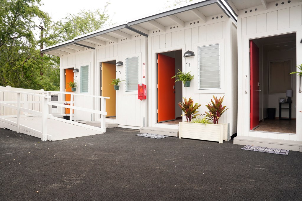 Units of affordable housing at Ho’okahi Leo Kauhale are photographed Thursday, Feb. 15, 2024, in Honolulu. Hawaii statewide office on homelessness and housing solutions (OHHS) calls the kauhale “deeply affordable spaces”. It is intended for tenants to break the cycle of homelessness. (Kevin Fujii/Civil Beat/2024)