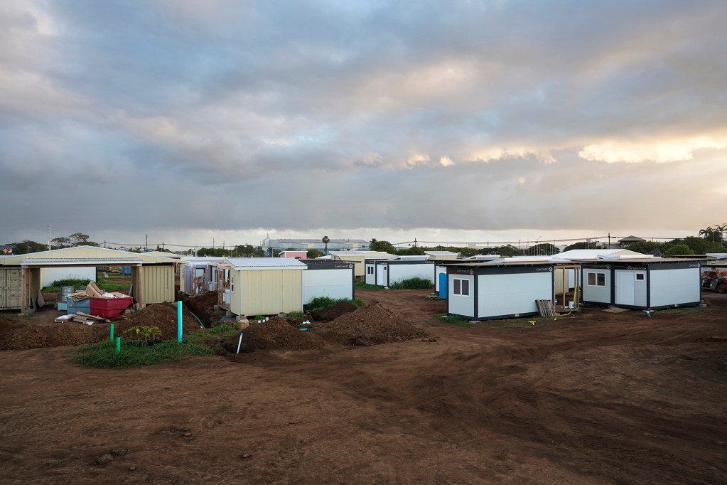 Ohana Hope Village is photographed Wednesday, Feb. 21, 2024, in Kahului. The village will house Lahaina residents displaced by the Aug. 8 fire. (Kevin Fujii/Civil Beat/2024)