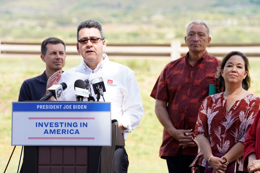 Assistant Secretary of the Army Civil Works Michael Connor speaks while Transportation Secretary Pete Buttigieg, from left, Maui Mayor Richard Bissen and Rep. Jill Tokuda listen Wednesday, Feb. 21, 2024, in Lahaina. (Kevin Fujii/Civil Beat/2024)